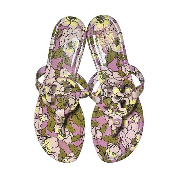 Tory Burch Miller Pink Floral Patent Logo Thong Flat Sandals Size 9 - Picture 1 of 7